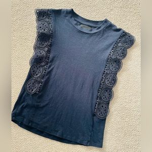 The Kooples SLEEVELESS NAVY Lace ruffle T-SHIRT